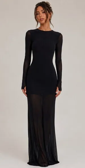 Black Sheer Open Back Whimsigoth Goth Maxi Dress Beach Cover-Up Long Sleeve S thumbnail 1