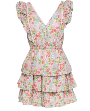 Anthropologie NWT Love The Label Ines Ivory Floral Tiered Ruffle Mini Dress thumbnail 1