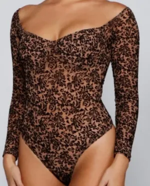 Taupe and Black Windsor off the shoulder long sleeve bodysuit thumbnail 1