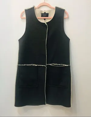Sanctuary Sherpa Lined Vest Faux Suede Long Grey Pocket Snap Button small thumbnail 1