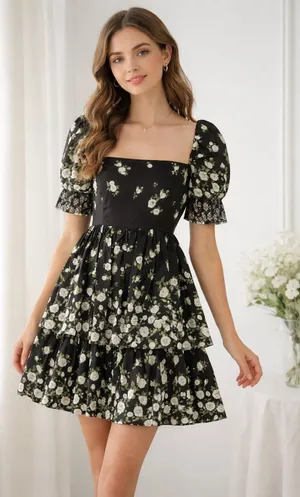 Alice +‎ Olivia Songbird Black Floral Puff Sleeve Dress 2 NWT Coquette Romantic thumbnail 1