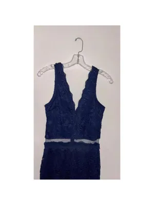 FLAW Juniors Maniju Navy Lace Evening Gown Mermaid High Slit Peekaboo Cut Out thumbnail 2