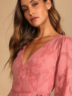 Lulus Kept Your Love Rose Pink Floral Jacquard Long Sleeve Maxi Dress Size XL thumbnail 4