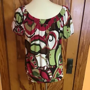 Y2K AB Studio Psychedelic Floral Top Small Retro Mod Puff Sleeve Tunic Blouse thumbnail 10