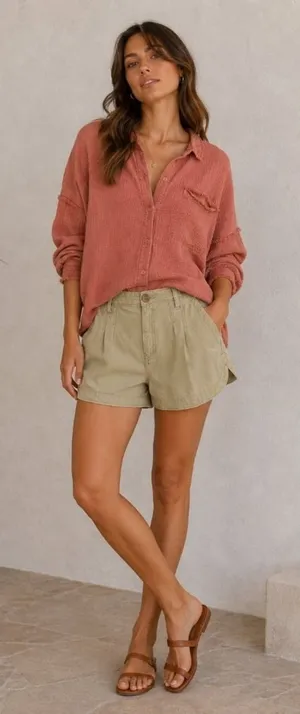 Aerie Light‎ Olive Khaki Shorts Relaxed Fit Casual Beach Summer Medium thumbnail 1