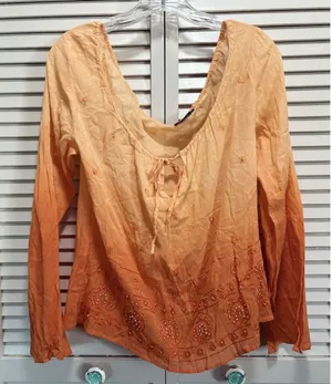 Magazine Orange Blouse Size L Sheer Long Sleeve Chiffon Tie Neck‎ Beads thumbnail 1