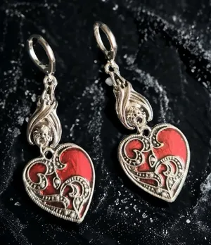 1 Pair Gothic Bat Heart Love Shape Pendant Round Buckle‎ Silver Plated Earrings thumbnail 1