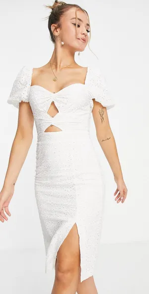ASOS Dark Pink Twist Front Broderie Split Midi Dress White 6 thumbnail 1