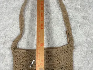 The Sak Tan Crochet Knit Boho Shoulder Bag Zip Top Beige Hobo Purse Lined thumbnail 8