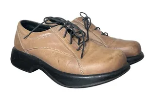 Y2K Dansko Tan Brown Leather Round Toe Chunky Lace Up Platform Oxfords Size 40 thumbnail 1