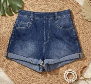 HALARA Flex High Waisted Rolled Hem Denim Look Shorts | Medium Wash thumbnail 1