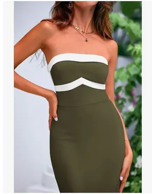 PRETTYGARDEN NEW Olive Green Bodycon Strapless Slit Cocktail Party Tube Maxi Dress S thumbnail 5