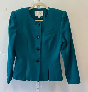 Lord & Taylor Vintage Teal Wool Flannel Blazer Collarless Button Front Jacket‎ 4 thumbnail 1