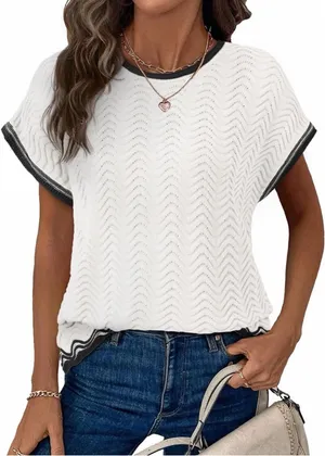 NEW Short Sleeve Crochet Crewneck Lightweight Knit Loose Pullover Sweater L thumbnail 1