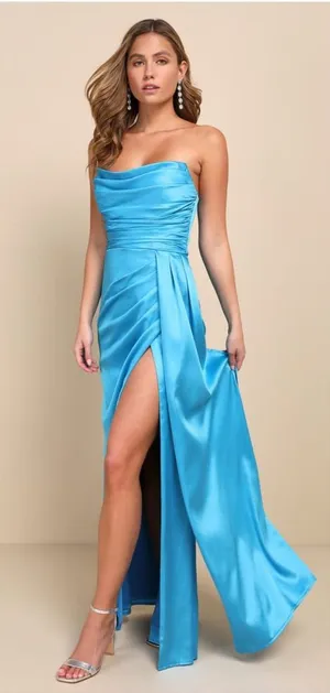 Lulus Ethereal Excellence Teal Blue Satin Pleated Strapless Maxi Dress thumbnail 1