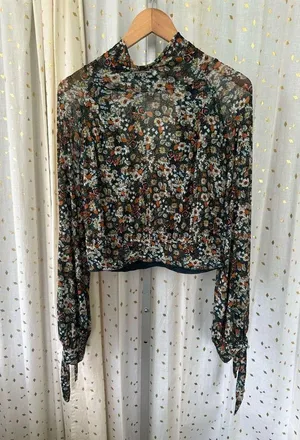 Free People All Dolled Up Mesh Floral Sheer Cropped Front Insert Lining Blouse M thumbnail 4