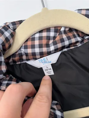 Time and Tru Brown White Black Check Plaid Cropped Puffer Jacket large thumbnail 4