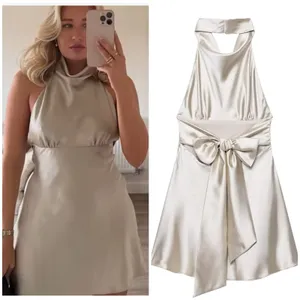 Zara Woman NWT SS25 Grey/ Beige Short Satin Halter Dress Size Medium 8482/331 thumbnail 2