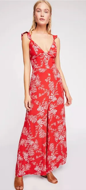 Free People Be The One Jumpsuit Floral‎ Print Button Wide Leg Red Size 4 thumbnail 1