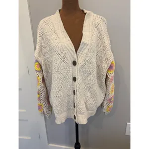 POL Women Cream Pointelle Knit BoHo Cardigan Crochet Granny Square Sleeve Large thumbnail 3