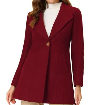 Burgundy Red Turn Down Collar Buttoned Mid-Long Winter Coat - Medium thumbnail 1