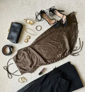 CBR Brown Satin Halter Backless Dress Side Tie Asymmetrical Medium thumbnail 1