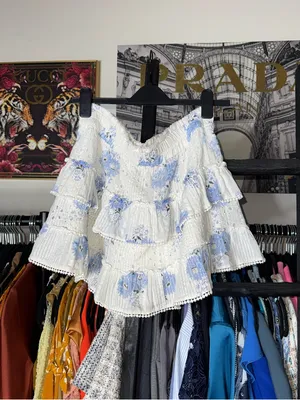 LoveShackFancy Bliss Morning Mist Floral Eyelet Ruffle Tiered Mini Skirt Large thumbnail 2