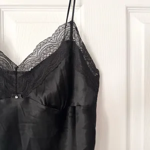 Victoria's Secret Black Satin Lace Trim Clear Jewel Accent Slip Tank Lingerie L thumbnail 3