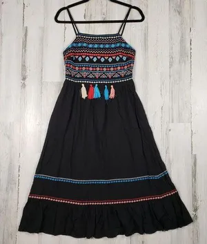 NWT Andree by Unit Black Embroidered Strappy Tassel Dress Women's Size Small thumbnail 1