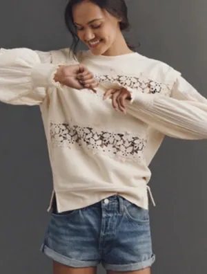 Anthropologie Floral Cutwork Pullover Cream Lace Panel Mixed Media Sweatshirt thumbnail 1