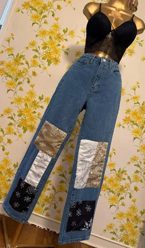SheIn Straight / Wide Leg Patchwork Bandana Denim jeans in Blue size XS thumbnail 1