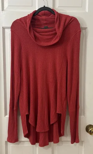 We The Free People Thermal Waffle Knit Tunic L Red Cowl Neck Boho Rustic Fall thumbnail 1