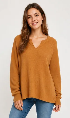 American Eagle Orange Waffle Knit Split Neck Long Sleeve Top Large thumbnail 1