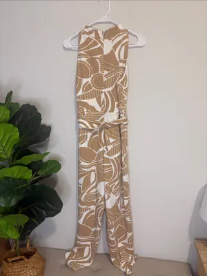 Cato Tan & White Abstract Print jumpsuit with Tie Waist Large petite thumbnail 5
