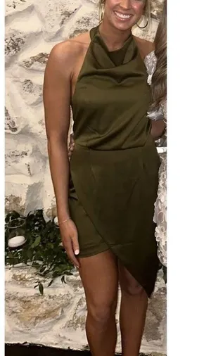 ELLIATT Camo Asymmetric Satin Cocktail Dress in Khaki Size Large thumbnail 14