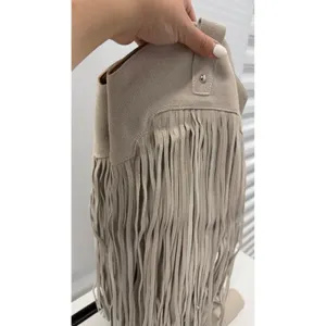 Fringe Western Tall Boots Square Toe Block Heel Beige Faux Suede Boho Stone 7,5 thumbnail 4