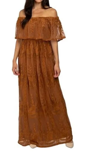 Dress Day Maxi Dress Womens M Copper Brown Lace Off Shoulder Boho Romantic thumbnail 1