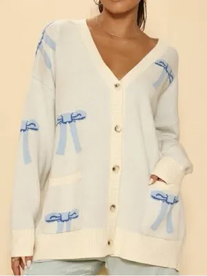 Miss Sparkling Ivory Blue Bow Cardigan Oversized V Neck Knit. Size L thumbnail 1