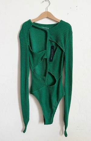 Maniere De Voir Textured Cut Out Bodysuit Green thumbnail 4