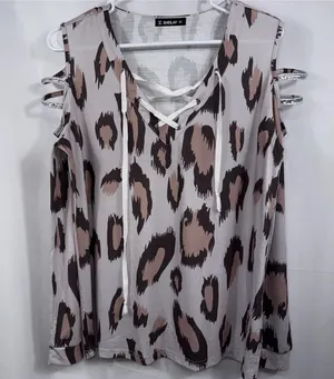 SHEILAY Women’s Small Leopard Print Cold Shoulder Lace Up Rhinestone Top thumbnail 1