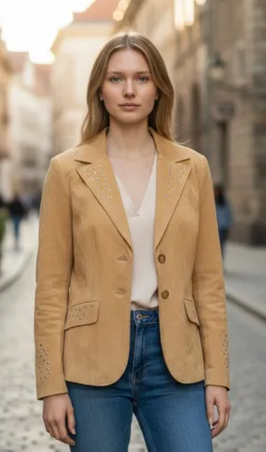 NWOT Max USA 100% genuine Leather Studded Blazer Medium Tan thumbnail 1