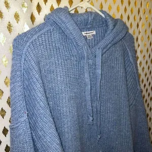 American Eagle baby blue crochet knit hoodie chunky ribbed knit blue sweater wom thumbnail 4