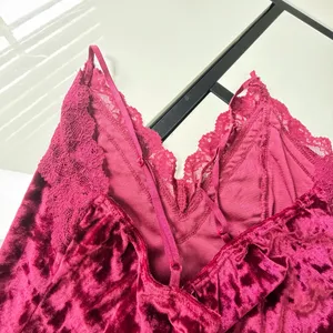 Bozzolo Burgundy Crushed Velvet Lace-Trim Bodysuit (Size L) ✨ thumbnail 8