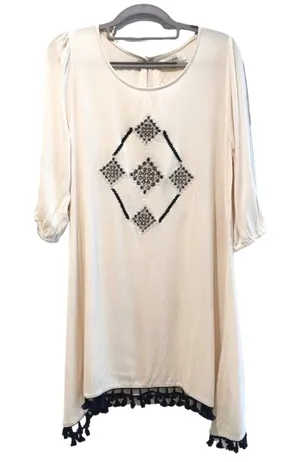 Umgee USA Cream Boho Embroidered Tassel Tunic Dress Medium Ivory Navy‎ Blue thumbnail 1