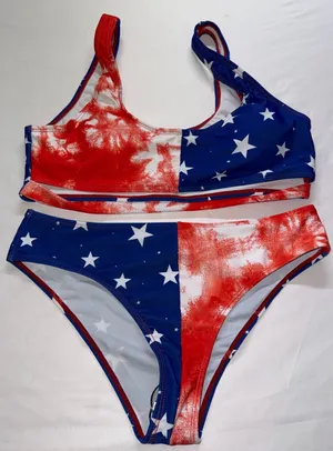 SHEIN Bikini Set Women‎ XL Red White Blue Stars Tie Dye Patriotic Swimsuit NEW thumbnail 1