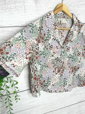 Cynthia Rowley Floral Multicolor Button-Front Cropped Sleep Shirt Size Medium thumbnail 4