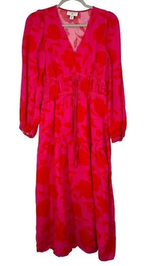 Kate Spade‎ x Target Vibrant Bright Red Pink Linen Blend Long Sleeve Midi Dress thumbnail 1