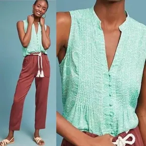 Maeve‎ Anthropologie Women Tunic Tank Top XS Green Medallion Pintuck Sleeveless thumbnail 2