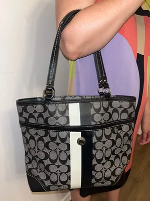 Coach Signature Stripe Tote Black Gray Canvas Leather Shoulder Bag thumbnail 4