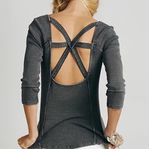Free People FP Star Crossed Ribbed Knit Tee in distressed dark gray WOMENS XS thumbnail 5